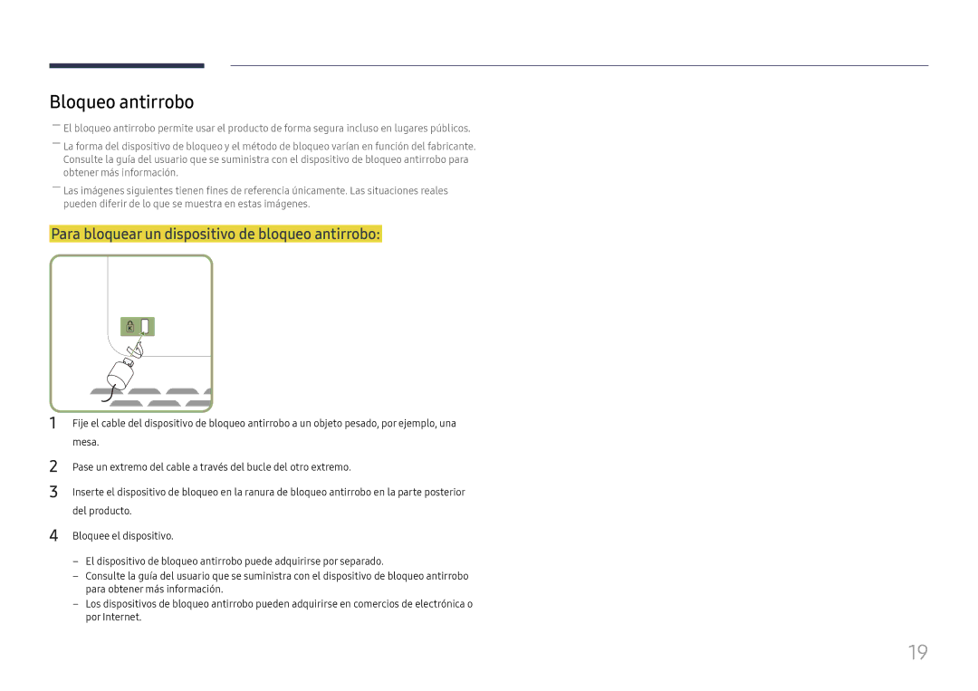 Samsung LH46UHFCLBB/EN manual Bloqueo antirrobo, Para bloquear un dispositivo de bloqueo antirrobo 