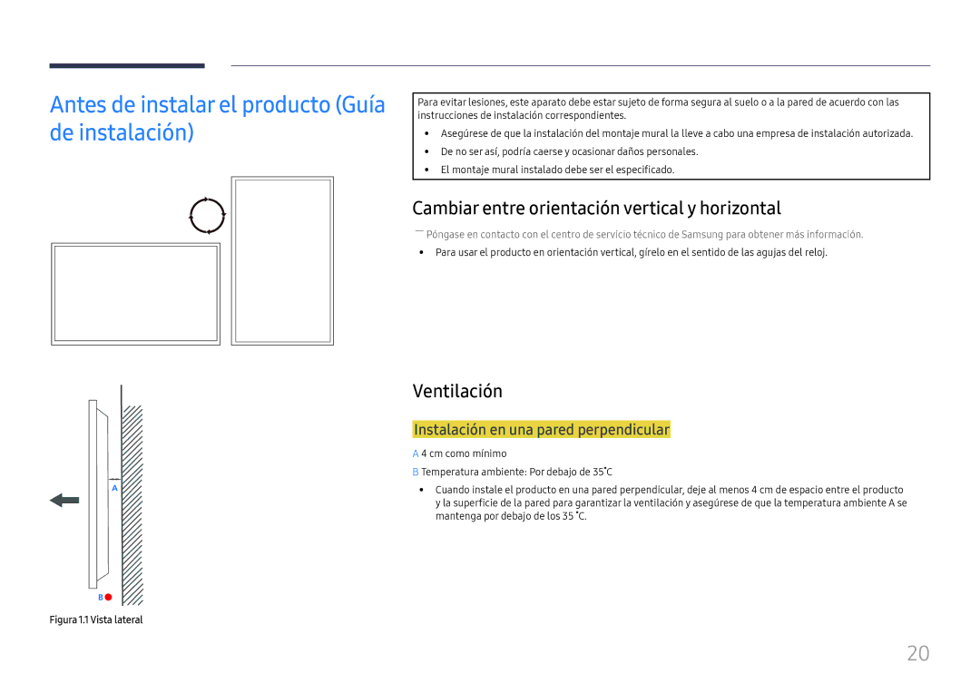 Samsung LH46UHFCLBB/EN Antes de instalar el producto Guía de instalación, Cambiar entre orientación vertical y horizontal 