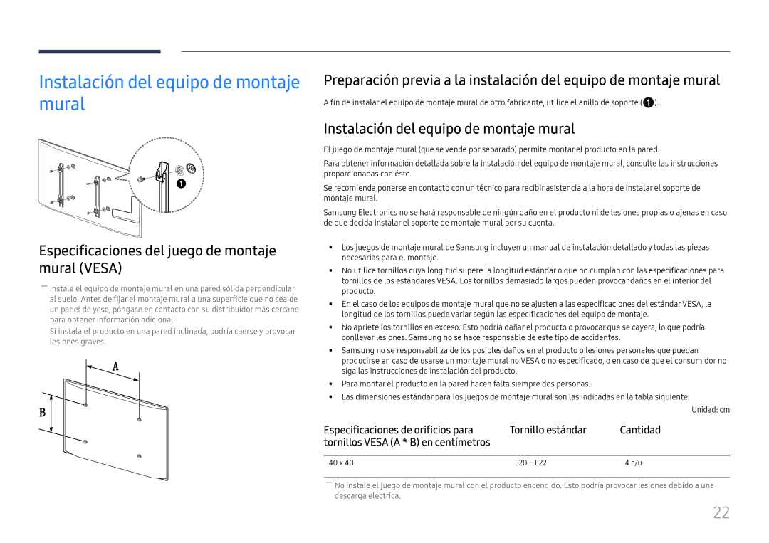 Samsung LH46UHFCLBB/EN manual Instalación del equipo de montaje mural, Especificaciones del juego de montaje mural Vesa 