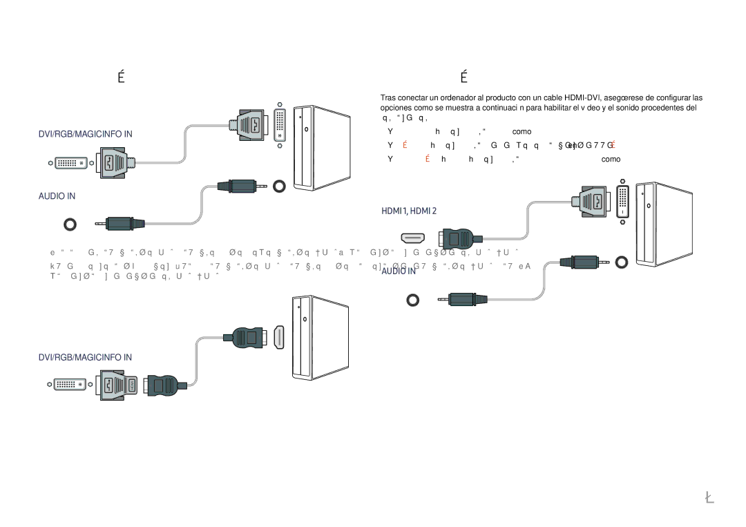 Samsung LH46UHFCLBB/EN manual Conexión mediante un cable DVI tipo digital, Conexión mediante un cable HDMI-DVI 