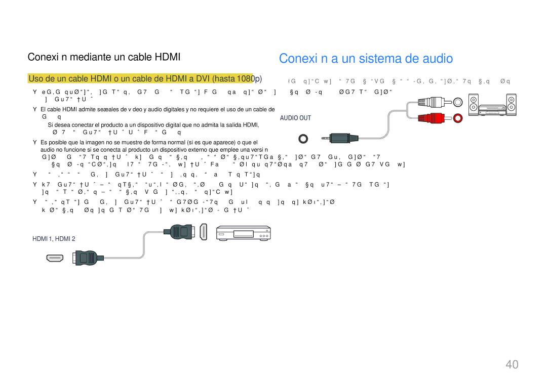 Samsung LH46UHFCLBB/EN manual Conexión a un sistema de audio, Uso de un cable Hdmi o un cable de Hdmi a DVI hasta 1080p 