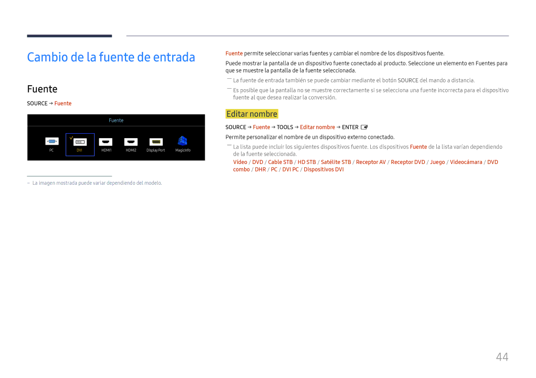 Samsung LH46UHFCLBB/EN manual Cambio de la fuente de entrada, Editar nombre, Source → Fuente 