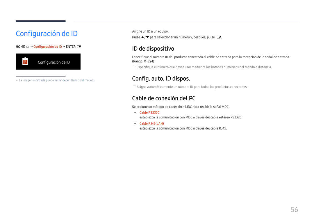 Samsung LH46UHFCLBB/EN manual Configuración de ID, ID de dispositivo, Config. auto. ID dispos, Cable de conexión del PC 