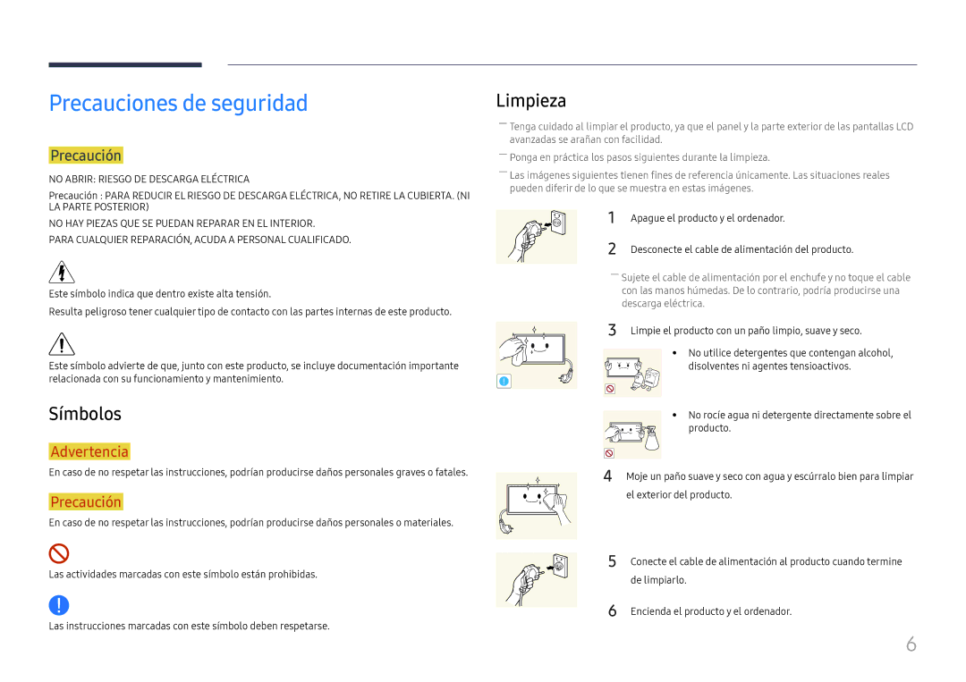 Samsung LH46UHFCLBB/EN manual Precauciones de seguridad, Símbolos, Limpieza, Precaución, Apague el producto y el ordenador 