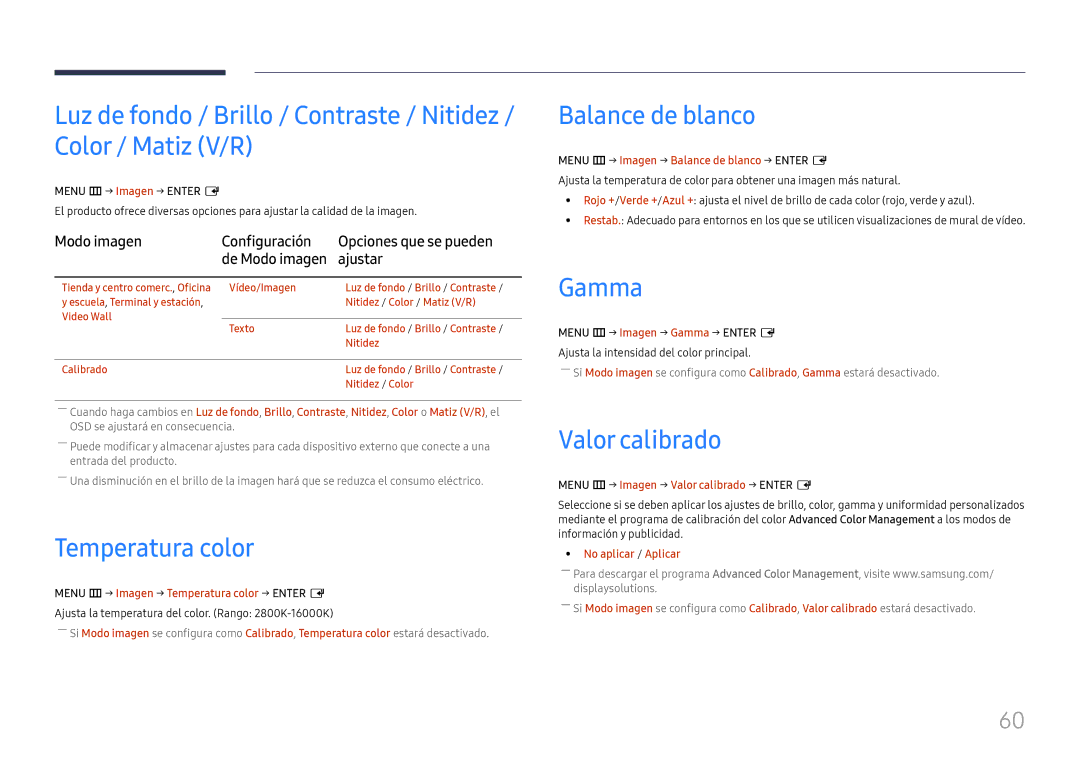 Samsung LH46UHFCLBB/EN manual Temperatura color, Balance de blanco, Gamma, Valor calibrado 