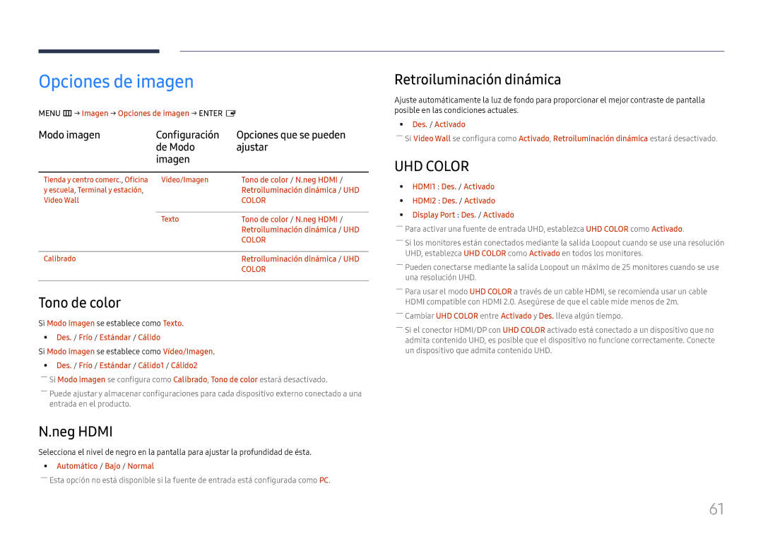 Samsung LH46UHFCLBB/EN manual Opciones de imagen, Tono de color, Neg Hdmi, Retroiluminación dinámica 