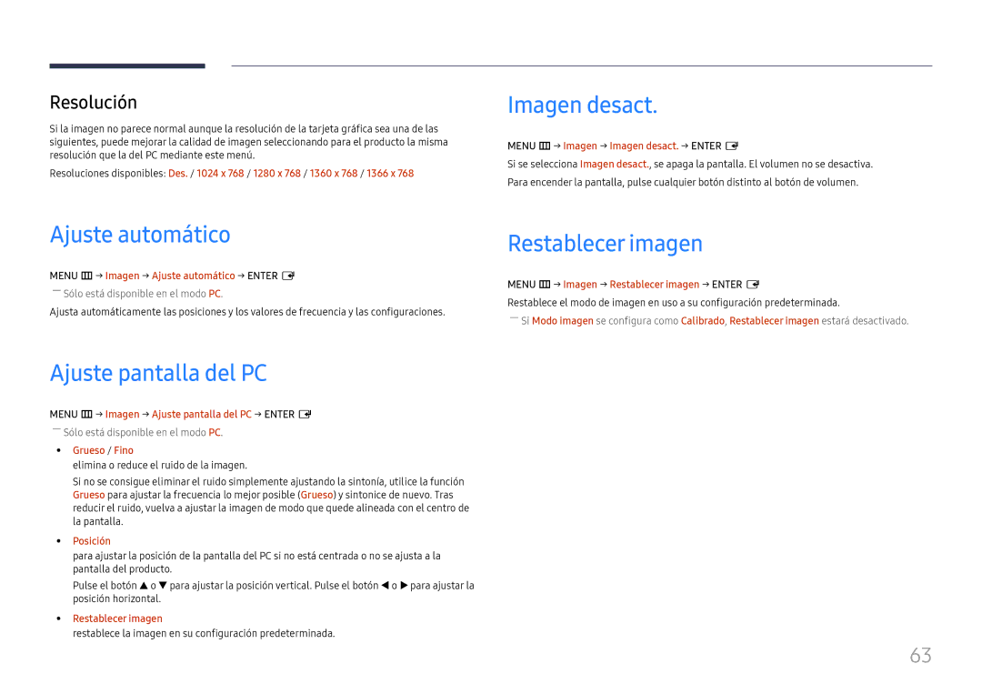 Samsung LH46UHFCLBB/EN manual Imagen desact, Ajuste automático, Ajuste pantalla del PC, Restablecer imagen, Resolución 