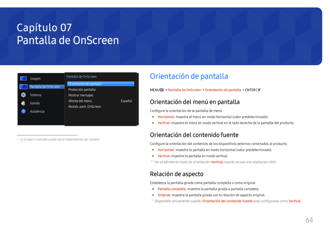 Samsung LH46UHFCLBB/EN manual Pantalla de OnScreen, Orientación de pantalla, Orientación del menú en pantalla 