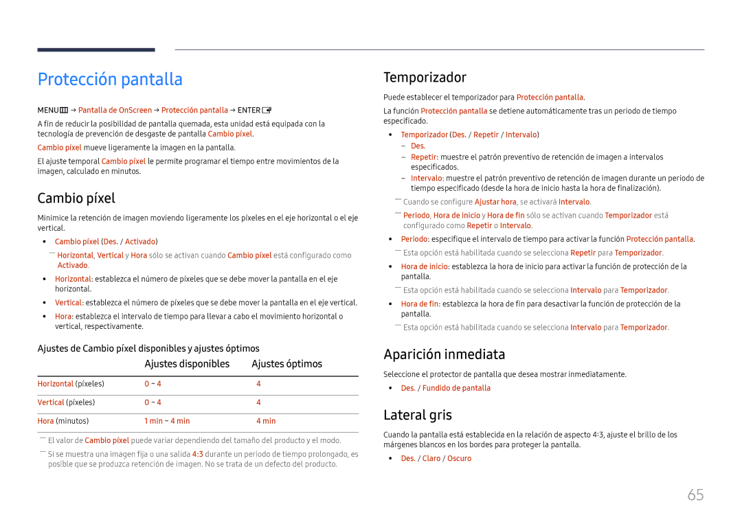 Samsung LH46UHFCLBB/EN manual Protección pantalla, Cambio píxel, Temporizador, Aparición inmediata, Lateral gris 