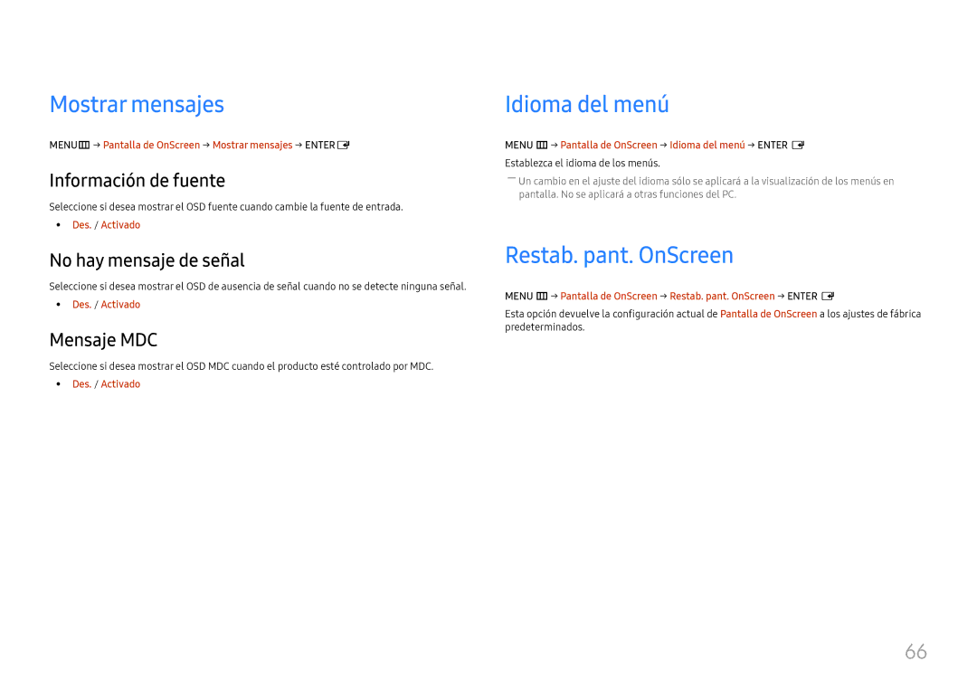 Samsung LH46UHFCLBB/EN manual Mostrar mensajes, Idioma del menú, Restab. pant. OnScreen 