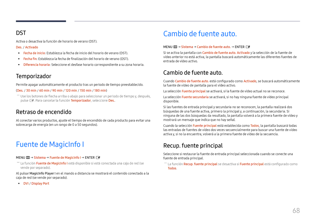 Samsung LH46UHFCLBB/EN manual Fuente de MagicInfo, Cambio de fuente auto, Retraso de encendido, Recup. fuente principal 
