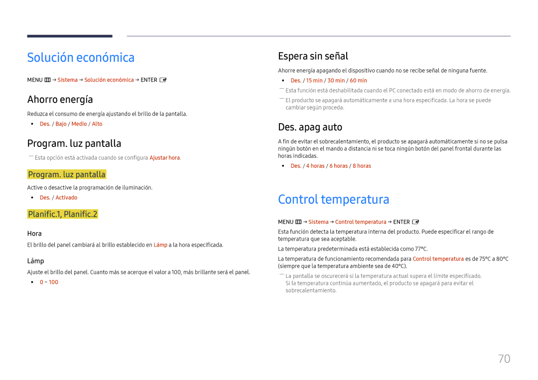 Samsung LH46UHFCLBB/EN manual Solución económica, Control temperatura 