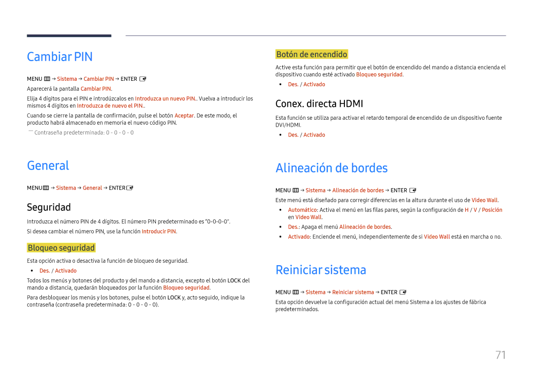 Samsung LH46UHFCLBB/EN manual Cambiar PIN, General, Alineación de bordes, Reiniciar sistema 