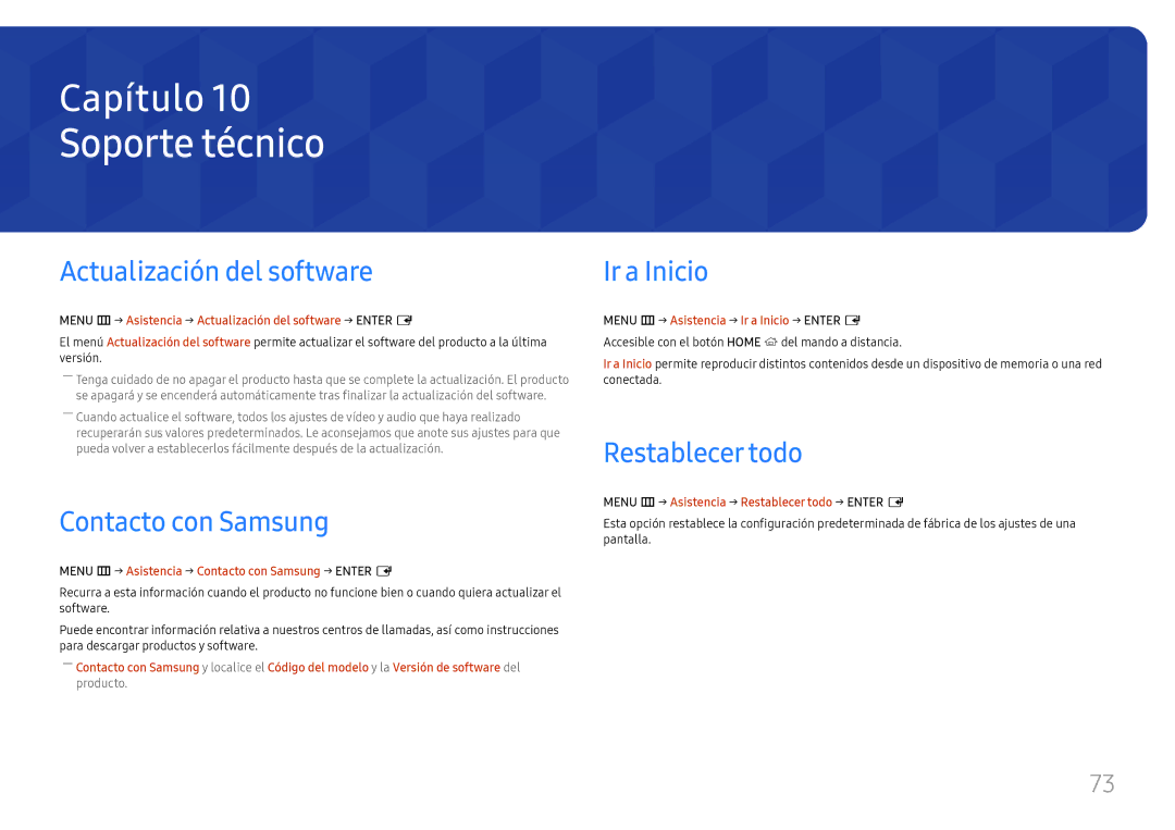 Samsung LH46UHFCLBB/EN Soporte técnico, Actualización del software, Contacto con Samsung, Ir a Inicio, Restablecer todo 