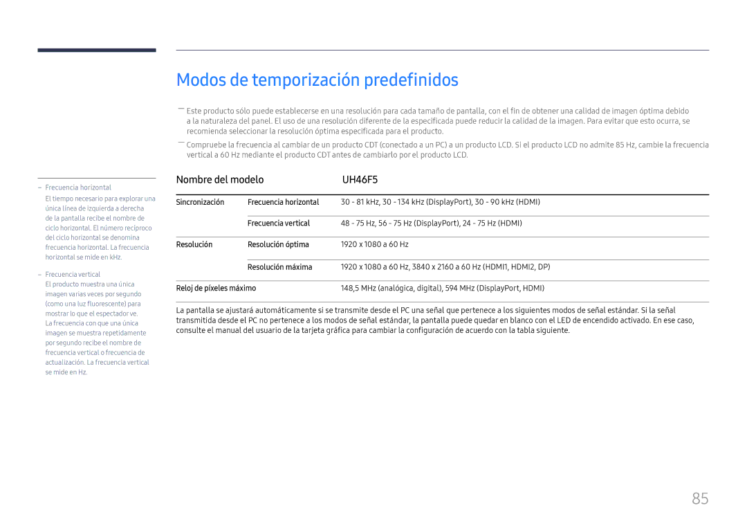 Samsung LH46UHFCLBB/EN manual Modos de temporización predefinidos, Nombre del modelo UH46F5 