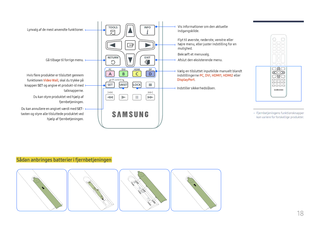 Samsung LH46UHFCLBB/EN manual Sådan anbringes batterier i fjernbetjeningen, Gå tilbage til forrige menu 