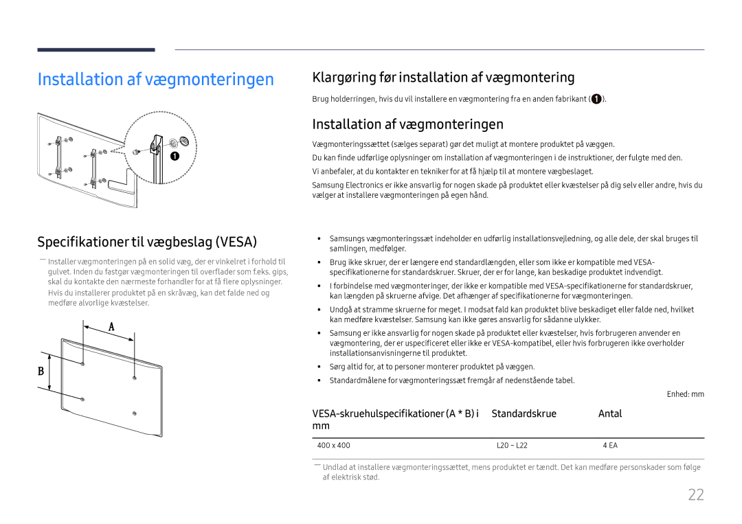 Samsung LH46UHFCLBB/EN manual Installation af vægmonteringen, Specifikationer til vægbeslag Vesa, Standardskrue 