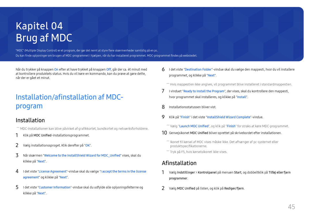 Samsung LH46UHFCLBB/EN manual Brug af MDC, Installation/afinstallation af MDC- program, Afinstallation, Programmer 