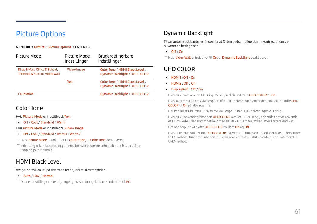 Samsung LH46UHFCLBB/EN manual Picture Options, Color Tone, Hdmi Black Level, Dynamic Backlight 