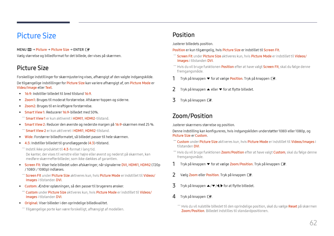 Samsung LH46UHFCLBB/EN manual Zoom/Position, Menu m → Picture → Picture Size → Enter E 