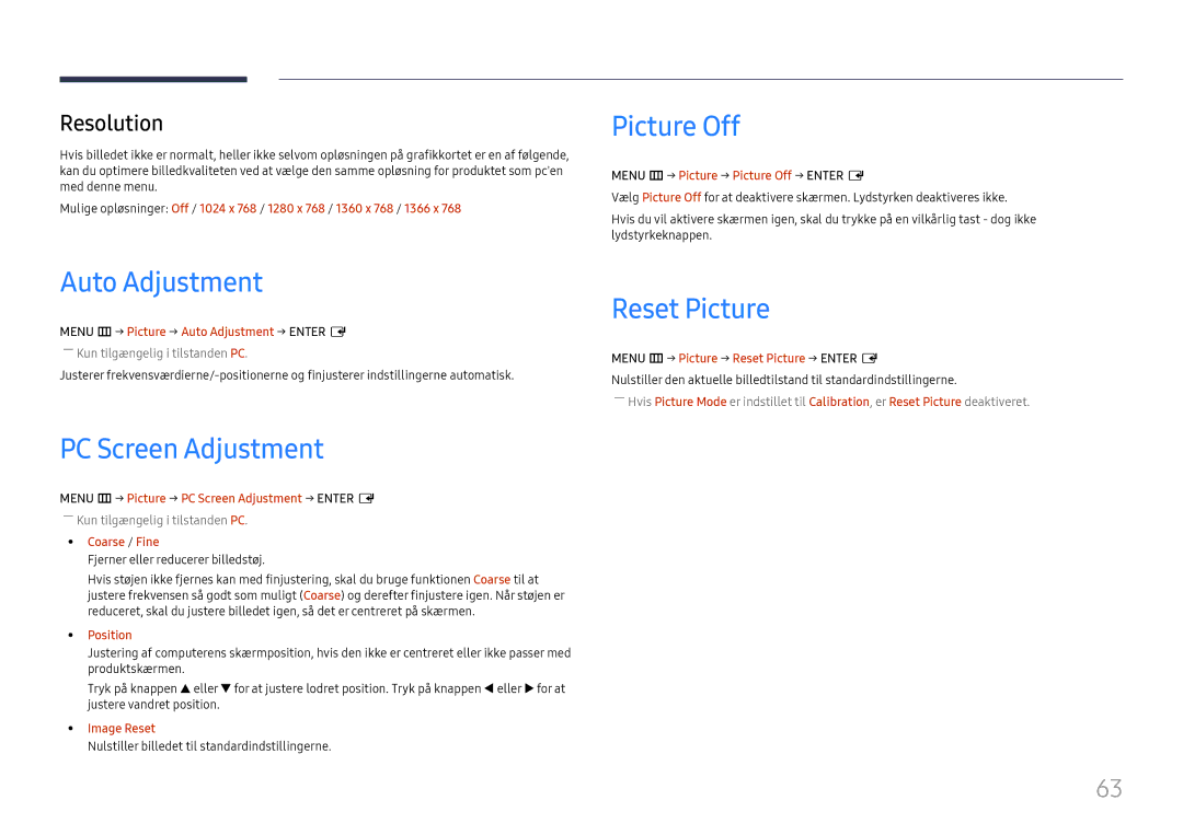 Samsung LH46UHFCLBB/EN manual Auto Adjustment, PC Screen Adjustment, Picture Off, Reset Picture, Resolution 