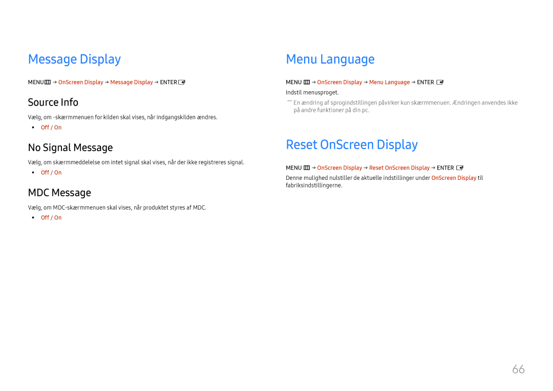 Samsung LH46UHFCLBB/EN manual Message Display, Menu Language, Reset OnScreen Display 