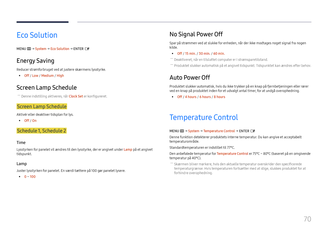 Samsung LH46UHFCLBB/EN manual Eco Solution, Temperature Control 