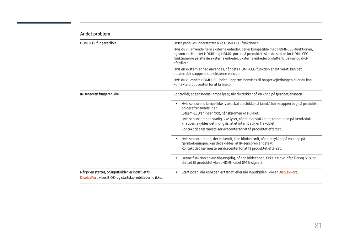 Samsung LH46UHFCLBB/EN manual HDMI-CEC fungerer ikke, IR-sensoren fungerer ikke 