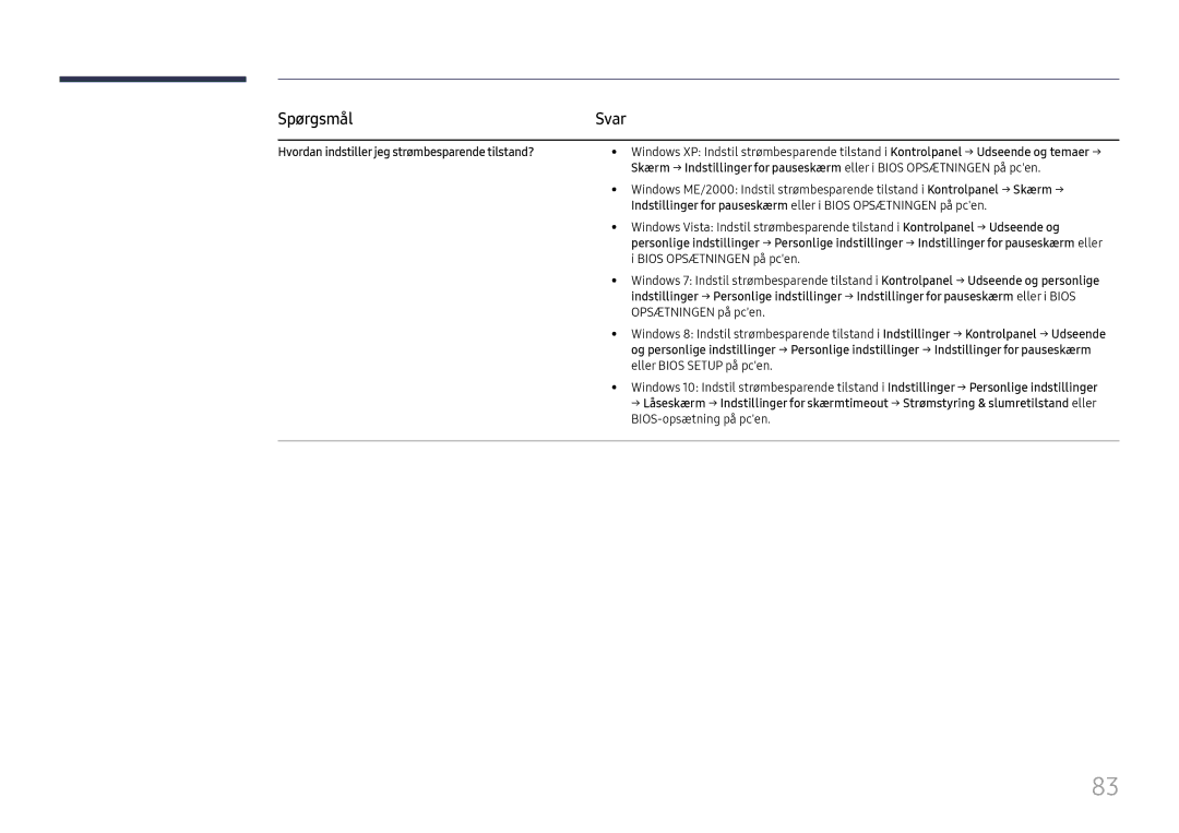 Samsung LH46UHFCLBB/EN manual Spørgsmål, Hvordan indstiller jeg strømbesparende tilstand? 