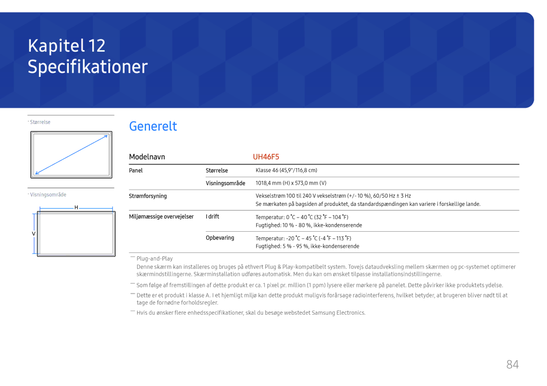 Samsung LH46UHFCLBB/EN manual Specifikationer, Generelt, Modelnavn 