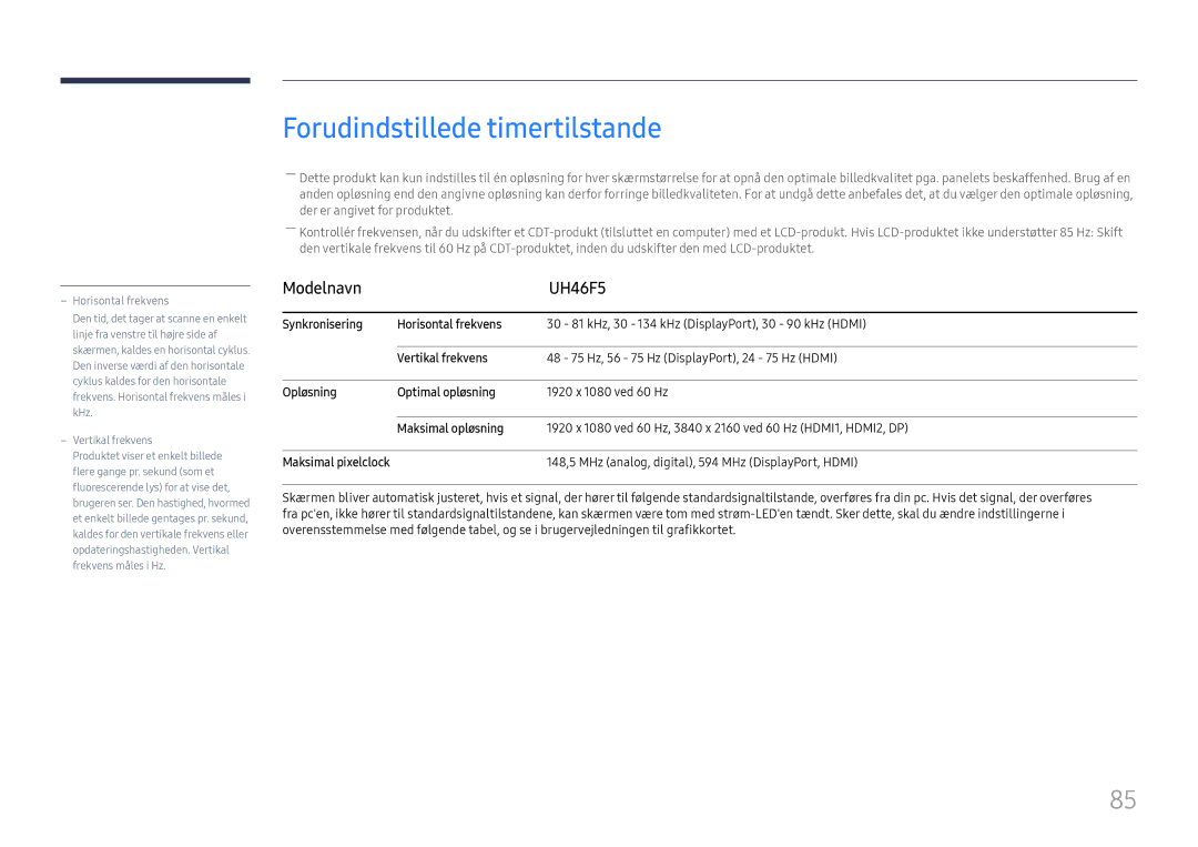 Samsung LH46UHFCLBB/EN manual Forudindstillede timertilstande, Modelnavn UH46F5 