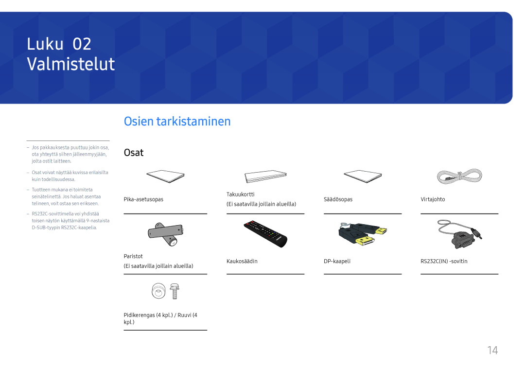 Samsung LH46UHFCLBB/EN manual Valmistelut, Osien tarkistaminen, Osat 