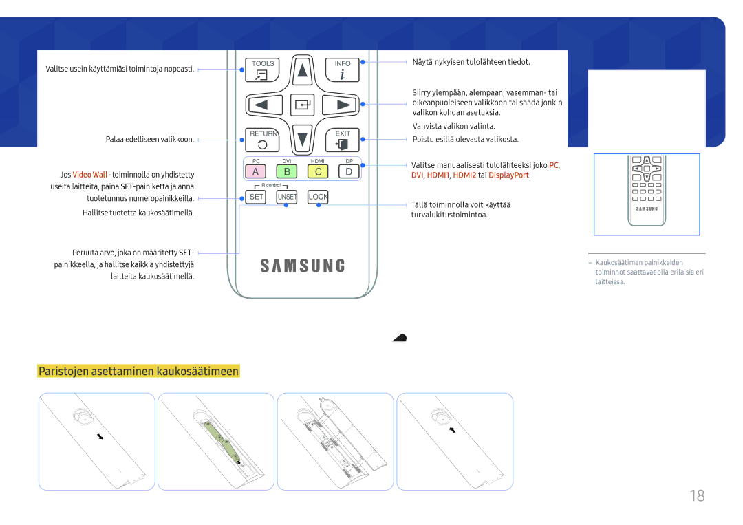 Samsung LH46UHFCLBB/EN manual Paristojen asettaminen kaukosäätimeen, Palaa edelliseen valikkoon, Laitteita kaukosäätimellä 