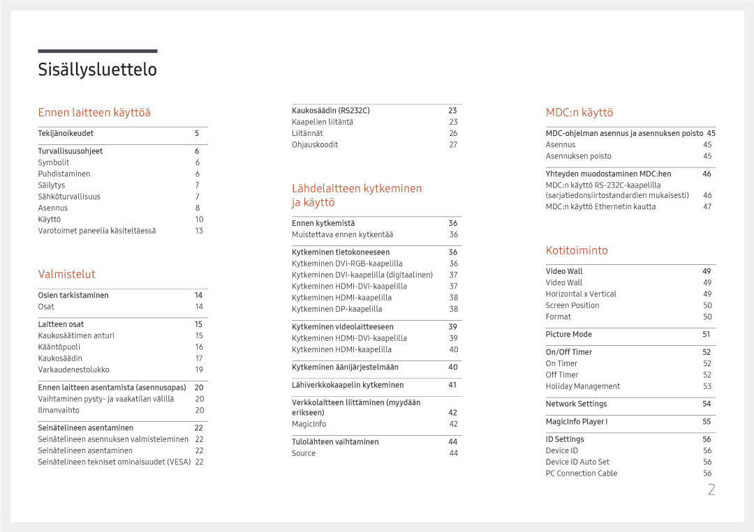 Samsung LH46UHFCLBB/EN manual Sisällysluettelo 