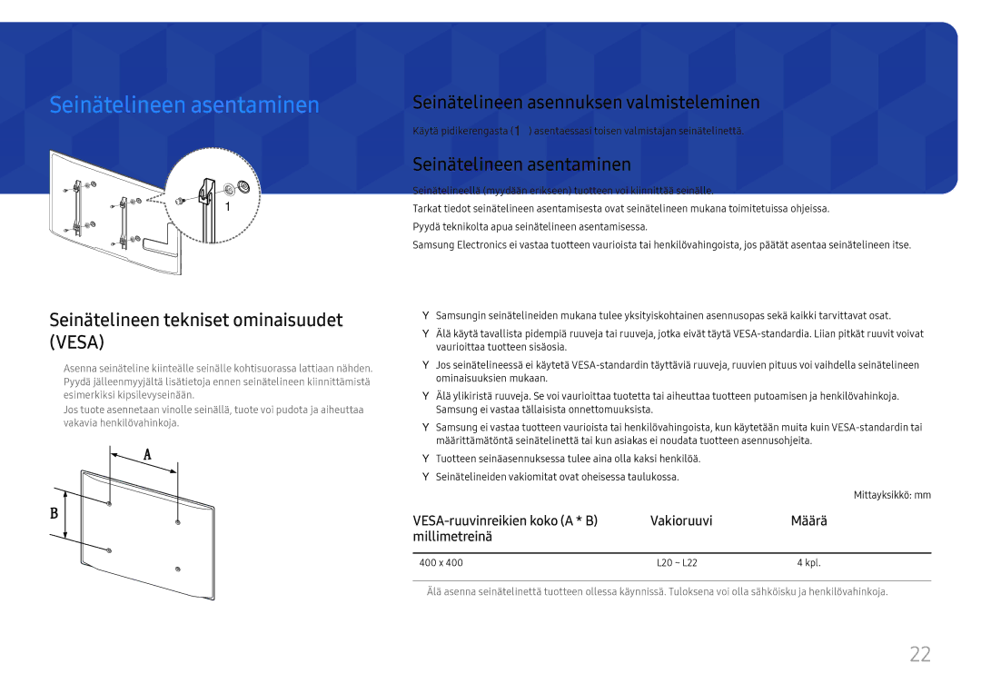 Samsung LH46UHFCLBB/EN manual Seinätelineen asentaminen, Seinätelineen tekniset ominaisuudet Vesa 