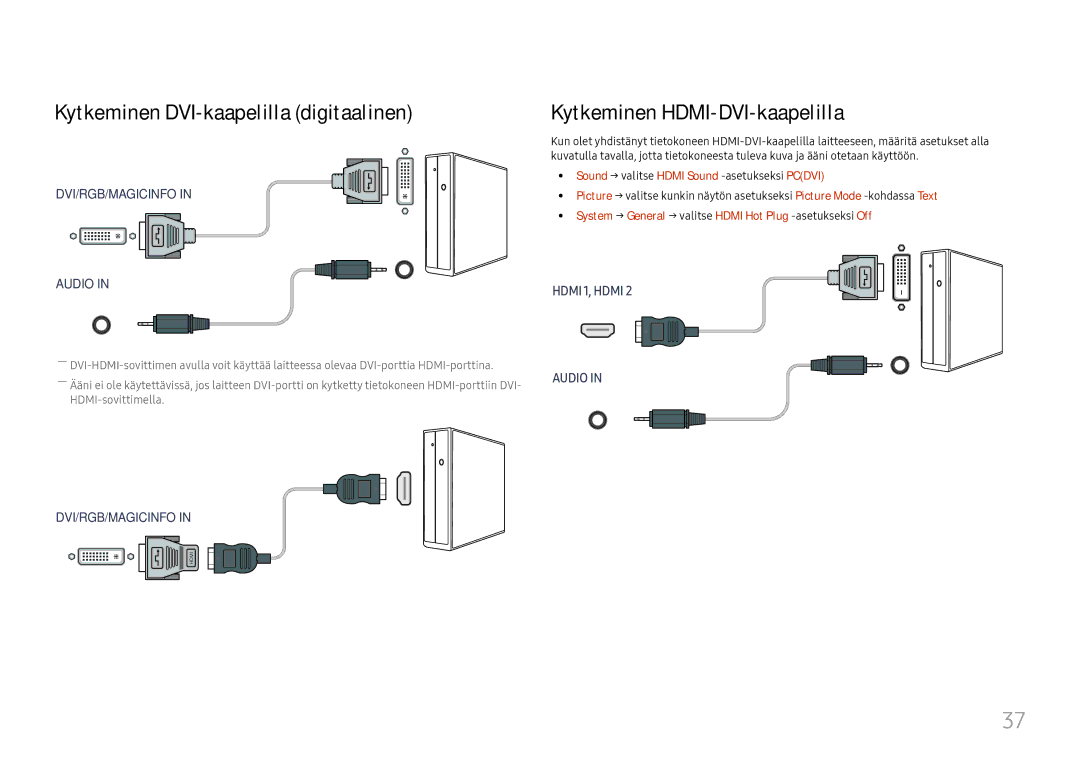 Samsung LH46UHFCLBB/EN manual Kytkeminen DVI-kaapelilla digitaalinen, Kytkeminen HDMI-DVI-kaapelilla 