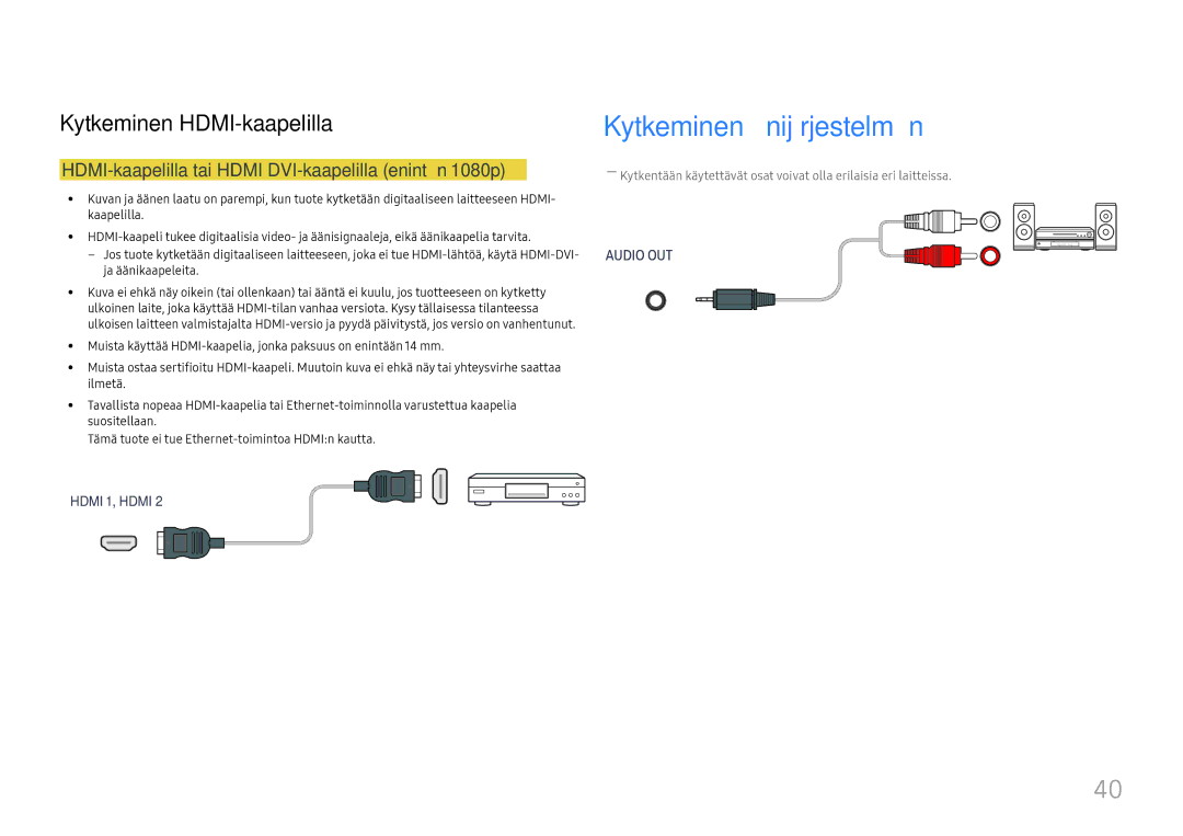 Samsung LH46UHFCLBB/EN manual Kytkeminen äänijärjestelmään, HDMI-kaapelilla tai HDMI-DVI-kaapelilla enintään 1080p 