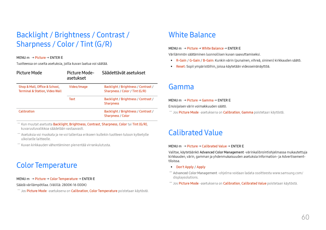 Samsung LH46UHFCLBB/EN manual Color Temperature, White Balance, Gamma, Calibrated Value 