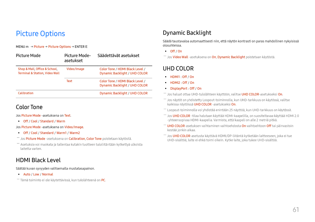 Samsung LH46UHFCLBB/EN manual Picture Options, Color Tone, Hdmi Black Level, Dynamic Backlight 