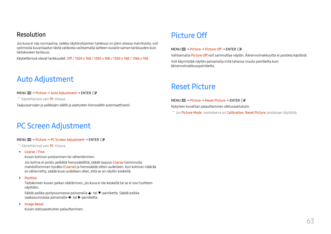 Samsung LH46UHFCLBB/EN manual Auto Adjustment, PC Screen Adjustment, Picture Off, Reset Picture, Resolution 