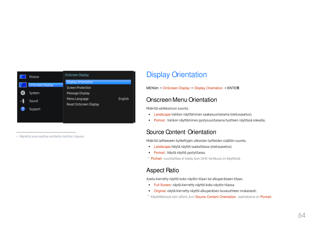 Samsung LH46UHFCLBB/EN manual OnScreen Display, Display Orientation, Onscreen Menu Orientation, Source Content Orientation 