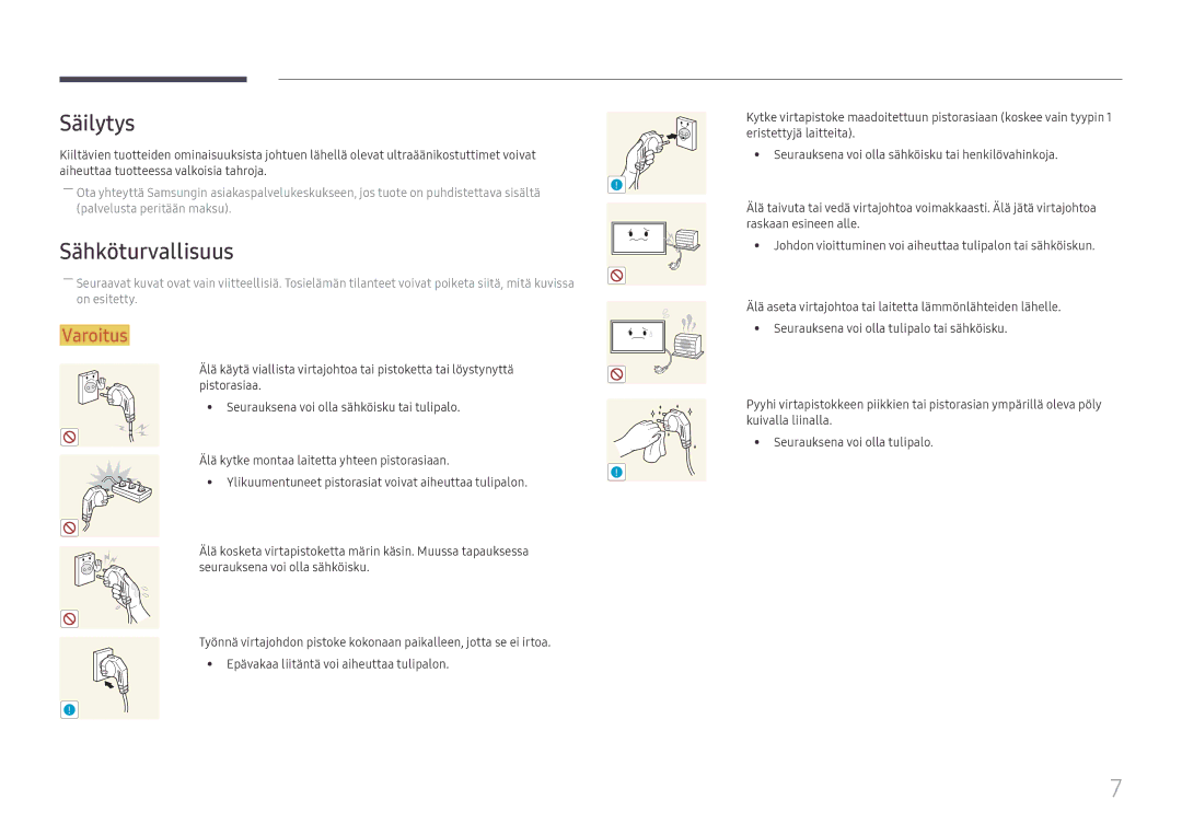 Samsung LH46UHFCLBB/EN manual Säilytys, Sähköturvallisuus 