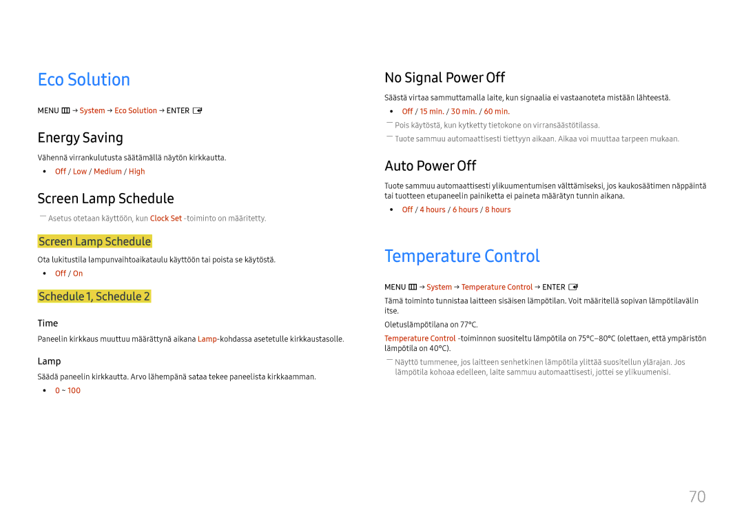 Samsung LH46UHFCLBB/EN manual Eco Solution, Temperature Control 