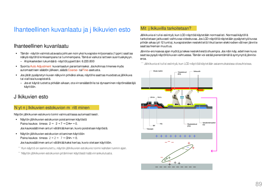 Samsung LH46UHFCLBB/EN manual Ihanteellinen kuvanlaatu, Jälkikuvien esto, Näytön jälkikuvien estokuvion määrittäminen 