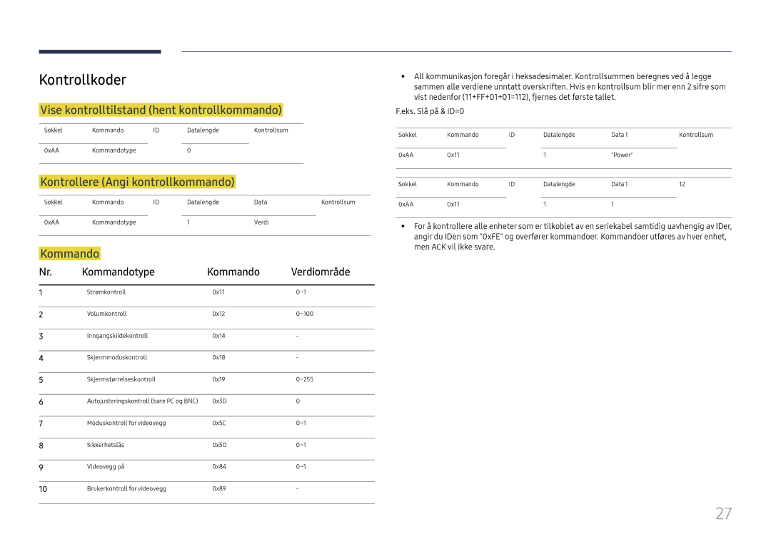 Samsung LH46UHFCLBB/EN manual Kontrollkoder, Vise kontrolltilstand hent kontrollkommando, Kontrollere Angi kontrollkommando 