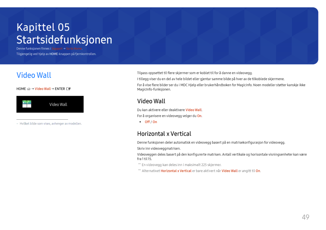 Samsung LH46UHFCLBB/EN manual Startsidefunksjonen, Video Wall, Horizontal x Vertical, Off / On 