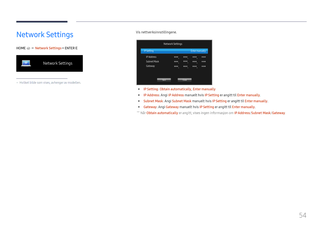 Samsung LH46UHFCLBB/EN manual Home → Network Settings→ Enter E 