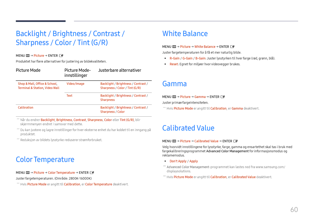 Samsung LH46UHFCLBB/EN manual Color Temperature, White Balance, Gamma, Calibrated Value 