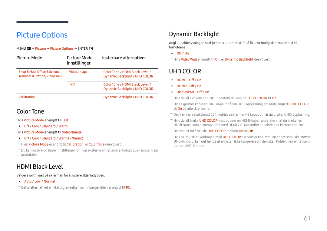 Samsung LH46UHFCLBB/EN manual Picture Options, Color Tone, Hdmi Black Level, Dynamic Backlight 