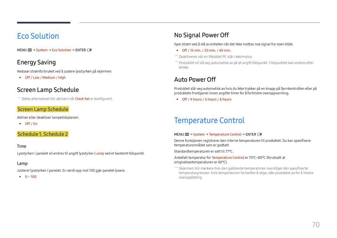 Samsung LH46UHFCLBB/EN manual Eco Solution, Temperature Control 